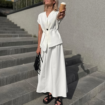 Womens Designer White Short-Sleeve Lace-Up Set