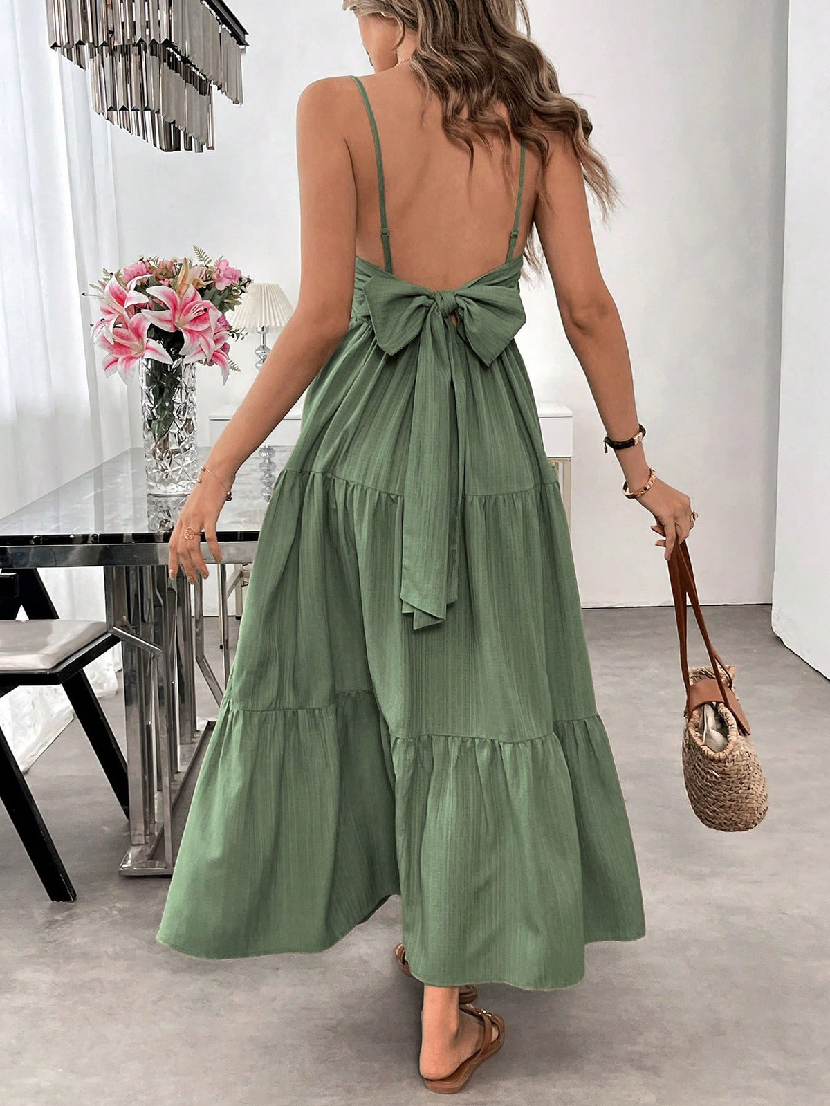 Backless Spaghetti-strap Tiered Maxi Dress With A Tie And A Large Bow At The Waist