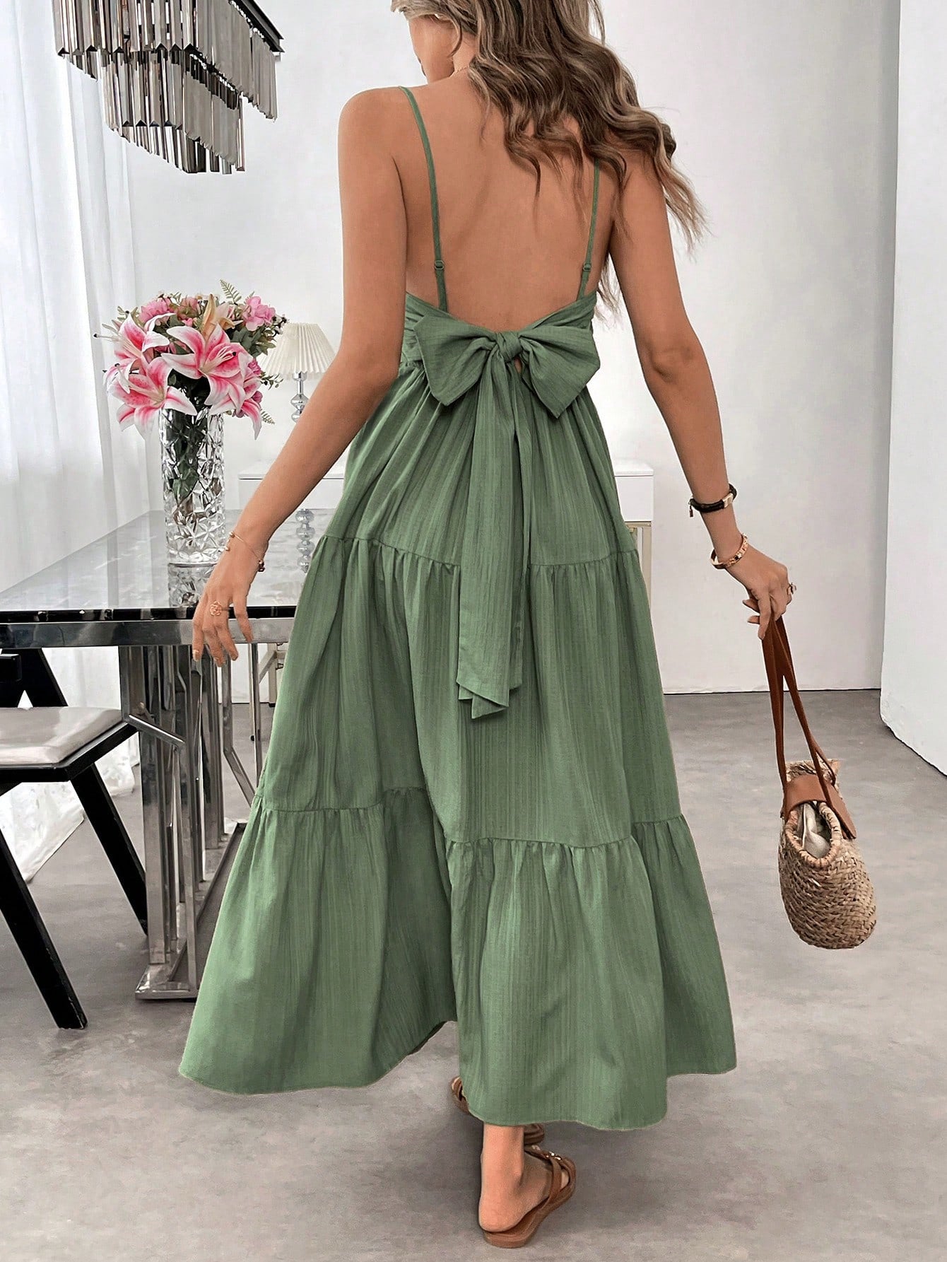 Backless Spaghetti-strap Tiered Maxi Dress With A Tie And A Large Bow At The Waist