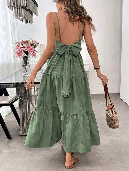 Backless Spaghetti-strap Tiered Maxi Dress With A Tie And A Large Bow At The Waist