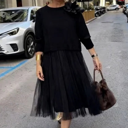 Knitted Round Neck Top Mesh Suspender Dress
