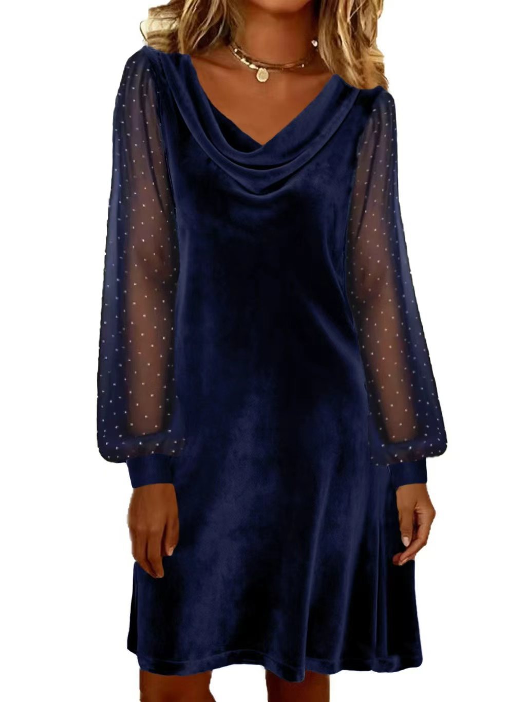 Womens Solid-Color V-Neck Mesh Dress