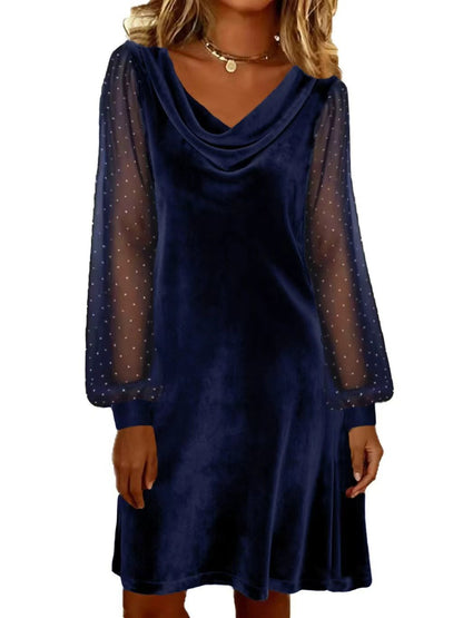 Womens Solid-Color V-Neck Mesh Dress
