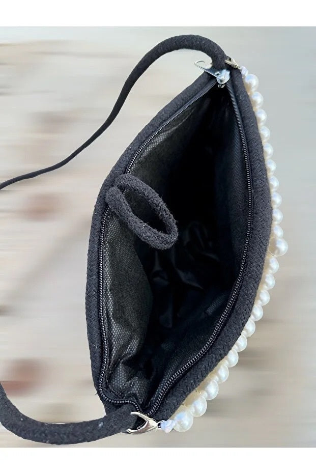 Women Black Pearl Design Classic Shoulder Bag