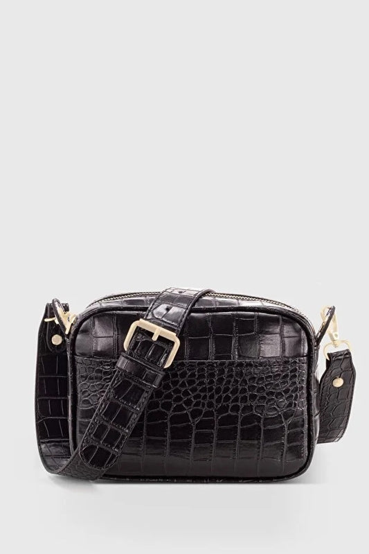 Black Croc Embossed Crossbody Bag For Women