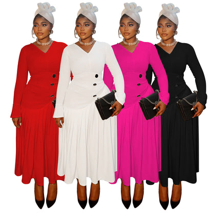 V-neck Waist-cinching Fashionable Pleated Maxi Skirt
