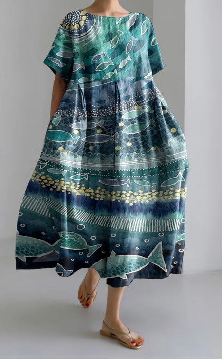 Retro Floral Pocketed Loose Womens Printed Maxi Dress