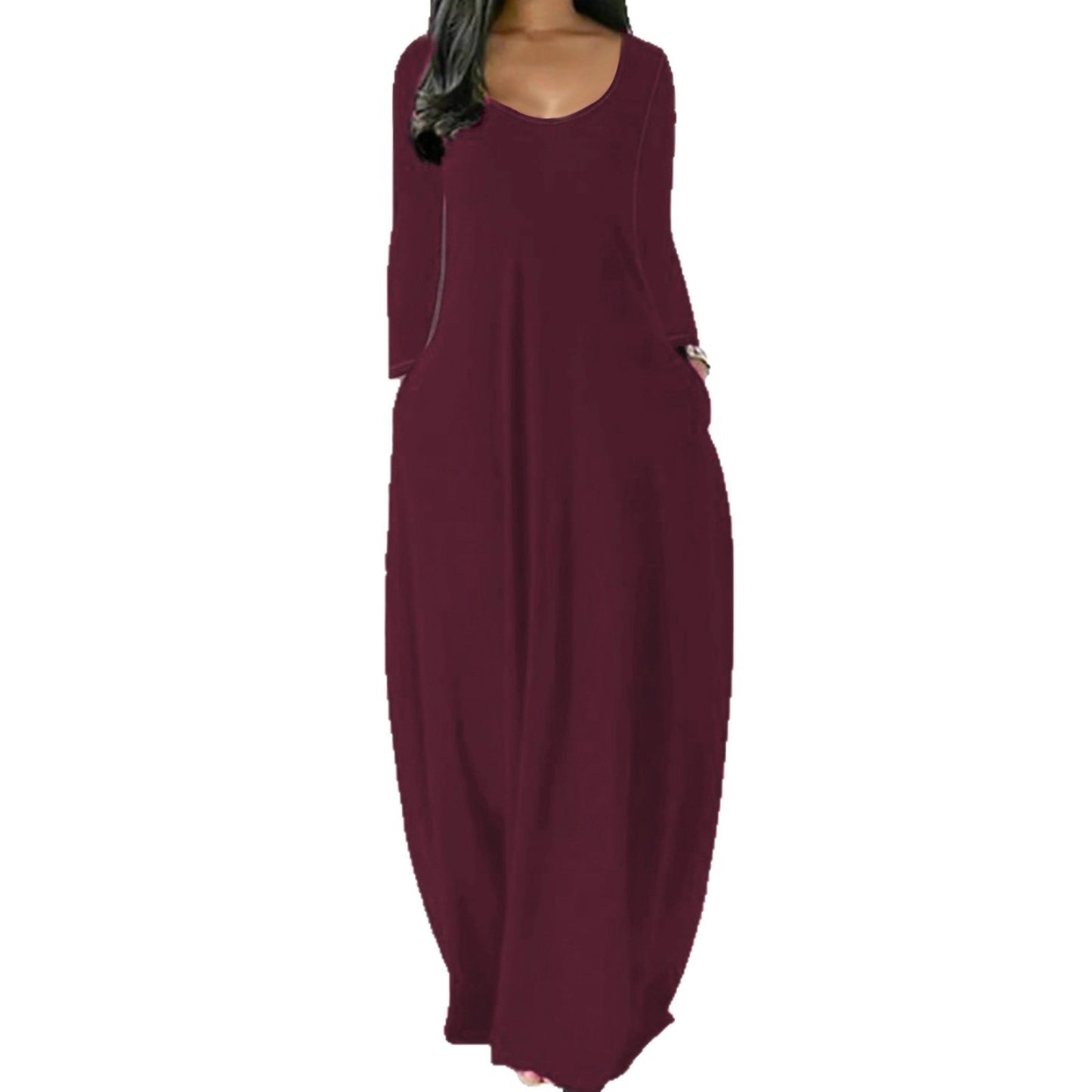 Womens Solid-Color Crew-Neck Long-Sleeve Dress With Pockets