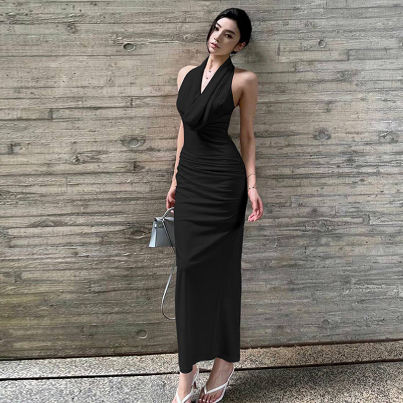 Backless Pleated Figure-flattering Halter Maxi Dress