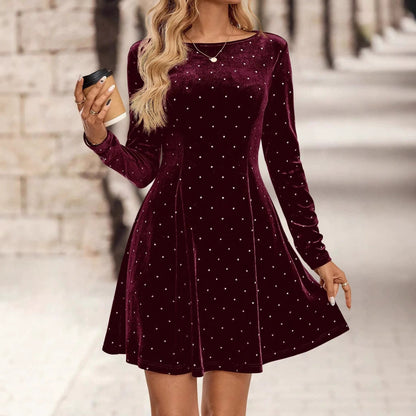 Womens French-Style Retro Diamond-Embellished Waist-Cinching Slimming Dress