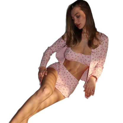 Women's Casual Three-piece Suit Long Sleeve Shorts Underwear Printed Homewear Suit Women's