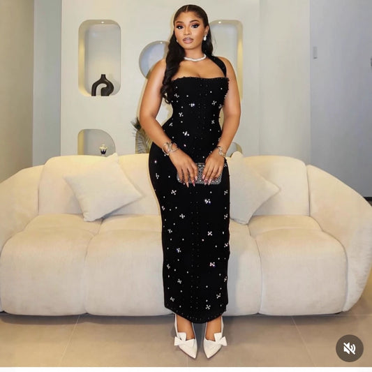 New Elegant Off-the-shoulder Halterneck Dress With Rhinestone Detailing