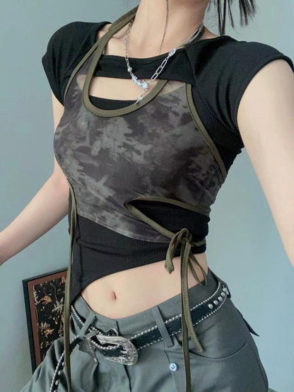 Retro Hot Girl Printed Top Summer Design Sense Niche Chic Short Sleeve Strappy