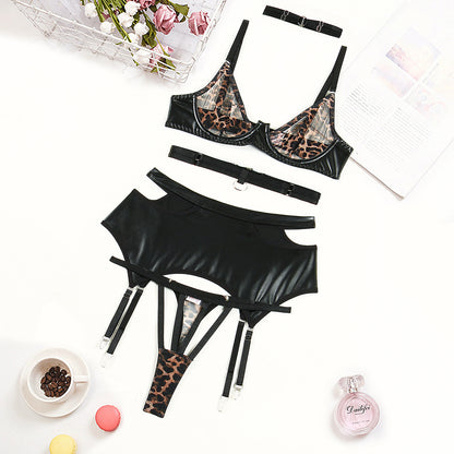 Women's Fashion Leopard Print Mesh Splicing Fabric Leather Underwear Suit