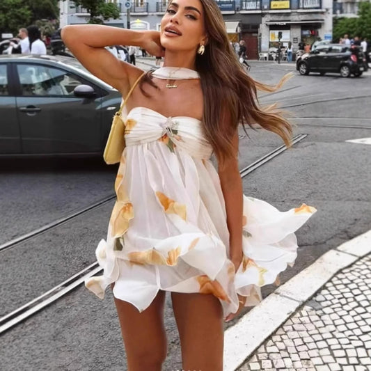 Summer New Halter Neck Deep-Back Asymmetrical Hemline Short Dress For Women