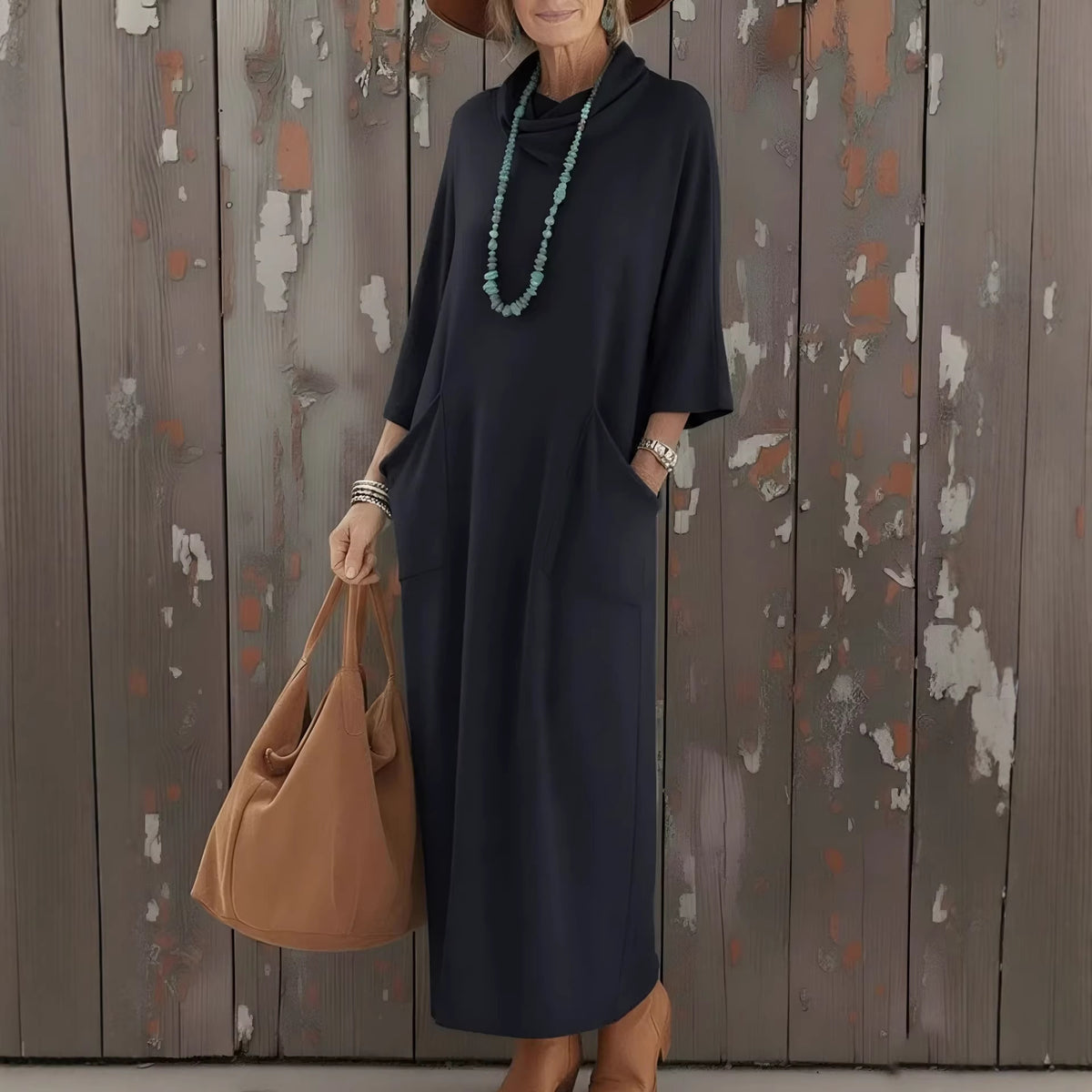 Womens Loose Knitted Dress With High Neck And Pockets