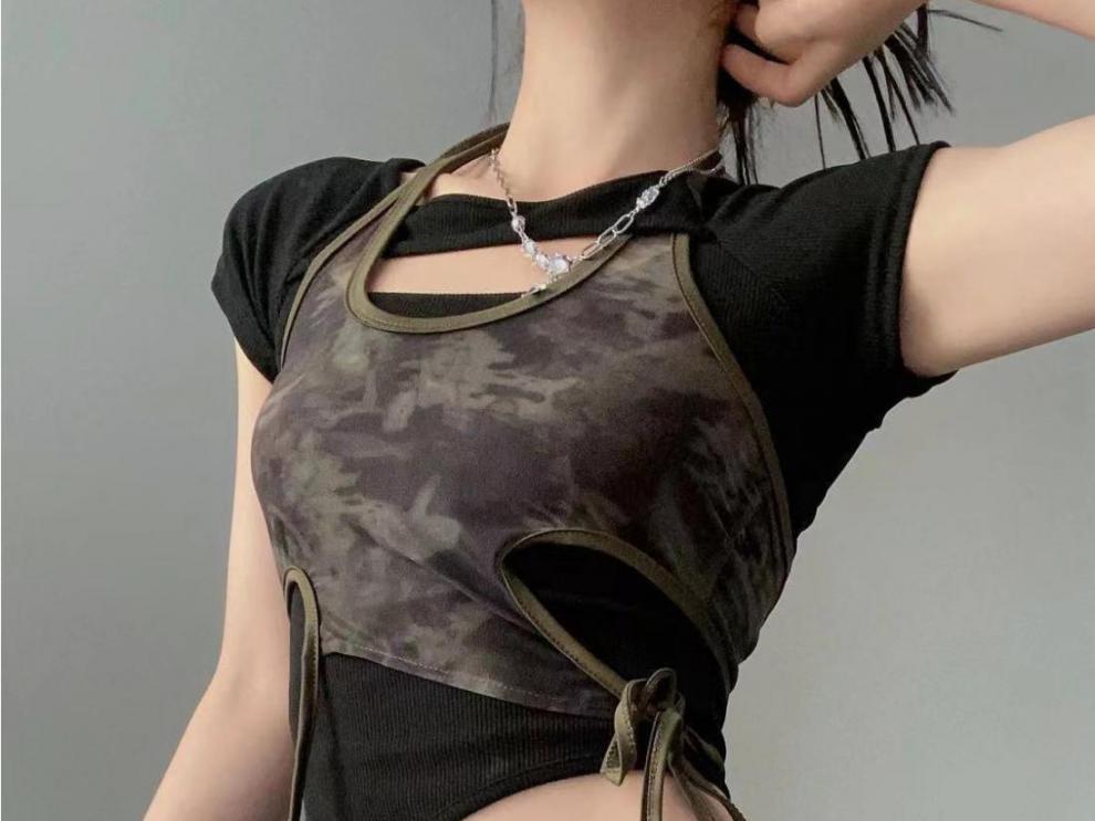 Retro Hot Girl Printed Top Summer Design Sense Niche Chic Short Sleeve Strappy