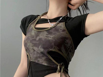 Retro Hot Girl Printed Top Summer Design Sense Niche Chic Short Sleeve Strappy