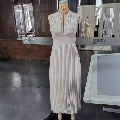 Neck Hanging Sleeveless Pleated Maxi Dress Flattering Backless Gown