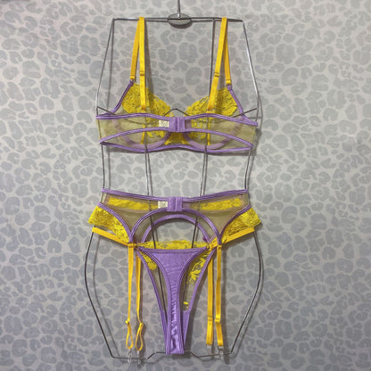 Women's Fashion Flower Embroidered Bra Underwear Suit