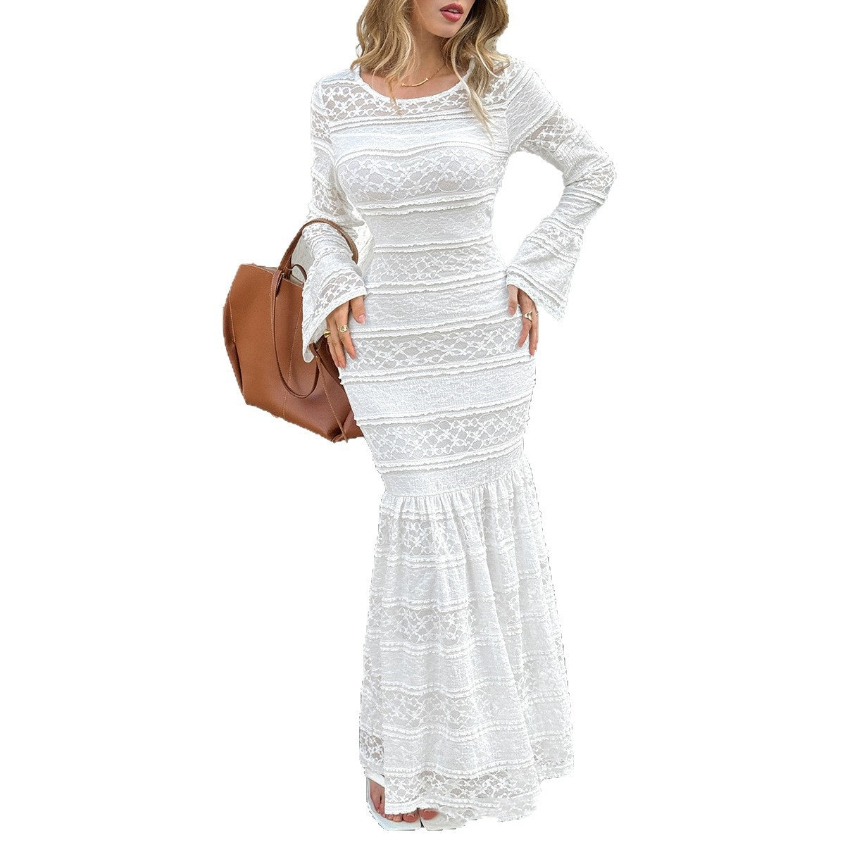 Womens Solid-Color Elegant Flared-Sleeve Bodycon Dress