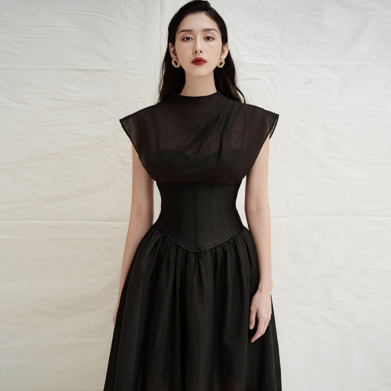 Womens Solid-Color Pleated High-Waist Black Sheer Dress That The