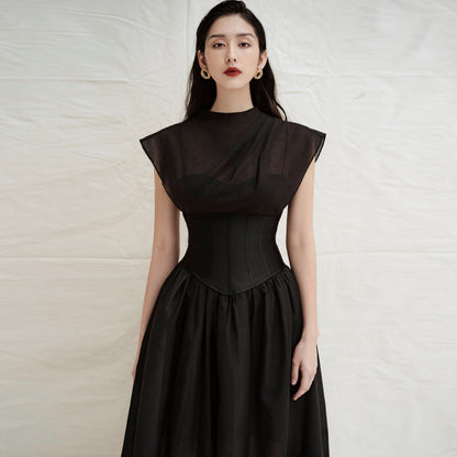 Womens Solid-Color Pleated High-Waist Black Sheer Dress That The