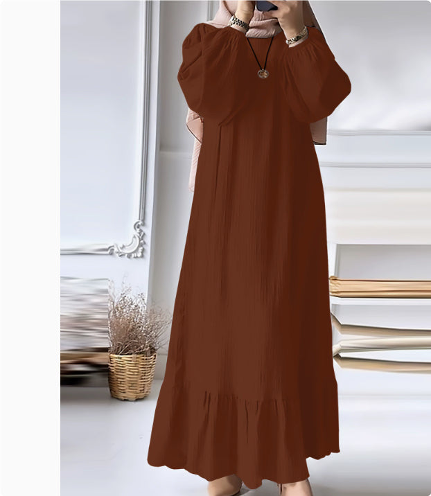 Fashion Solid Color Round Neck Ruffled Long Sleeve Dress