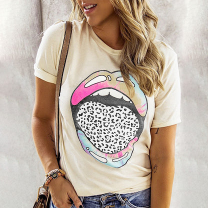 Round Neck Pullover Loose Print Short Sleeve Top