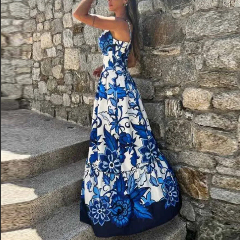 Vintage Printed V-neck Slim Camisole Backless Dress