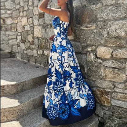 Vintage Printed V-neck Slim Camisole Backless Dress