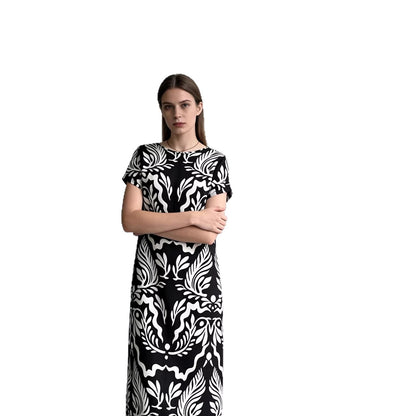 Elegant Loose-fitting Long Dress With A Round Neck And Short Sleeves
