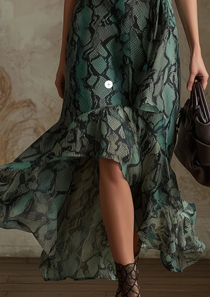 Vintage And Mysterious Green Snake Print Chiffon Sleeveless Maxi Dress