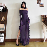Off The Shoulder Mesh Long Sleeve Dress Figure Hugging And Hip Hugging Maxi Length