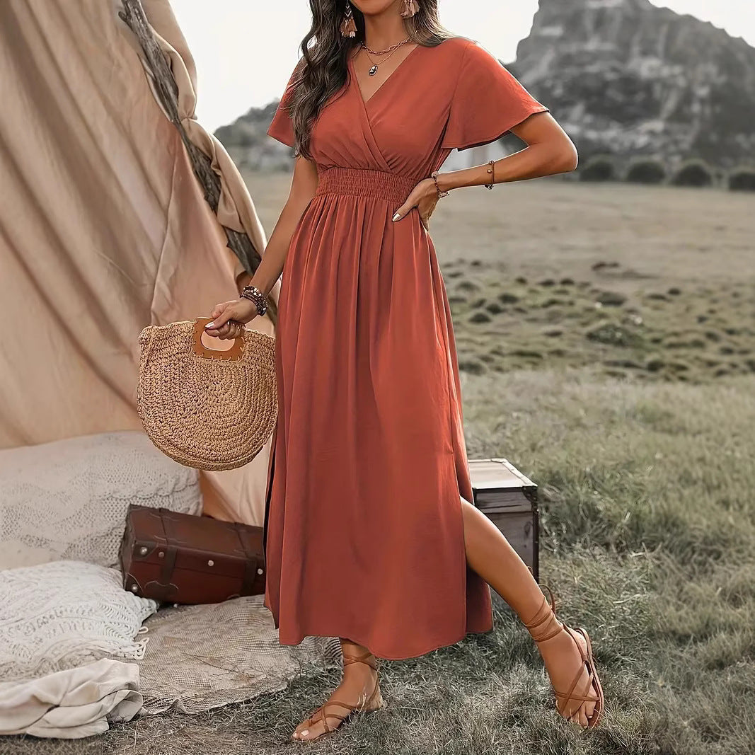 V-neck Long Skirt Casual Resort Short-sleeve Dress