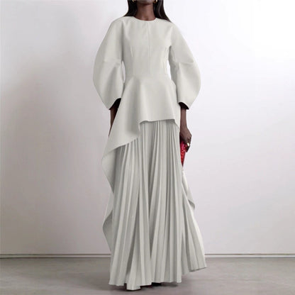 Pleated Solid-color Patchwork Layered Long-sleeve Loose Crew-neck Maxi Dress