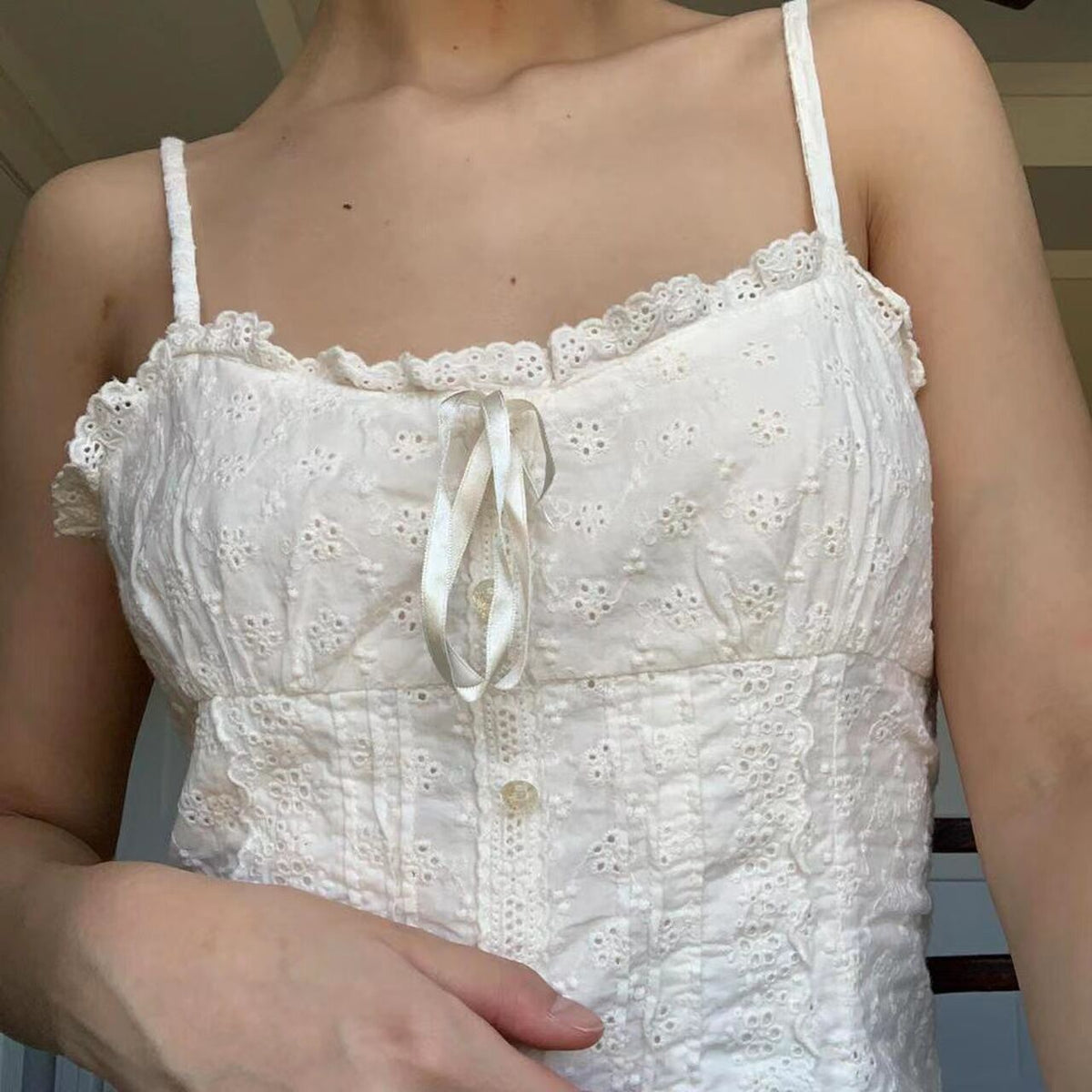 New Women's Pleated Shoulder Low Neck Button Folding Lace Tight Top
