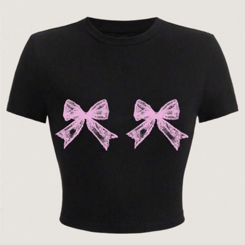 Casual Simple Round Neck Lace Bow Print Short Sleeve