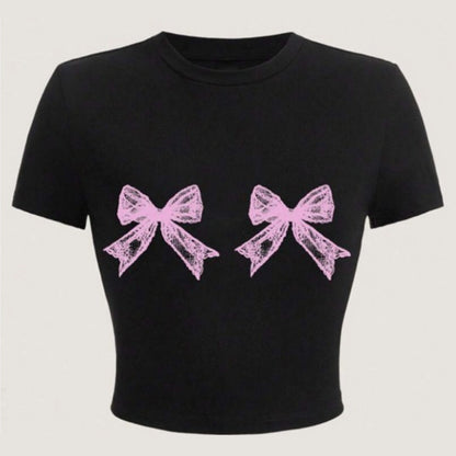 Casual Simple Round Neck Lace Bow Print Short Sleeve