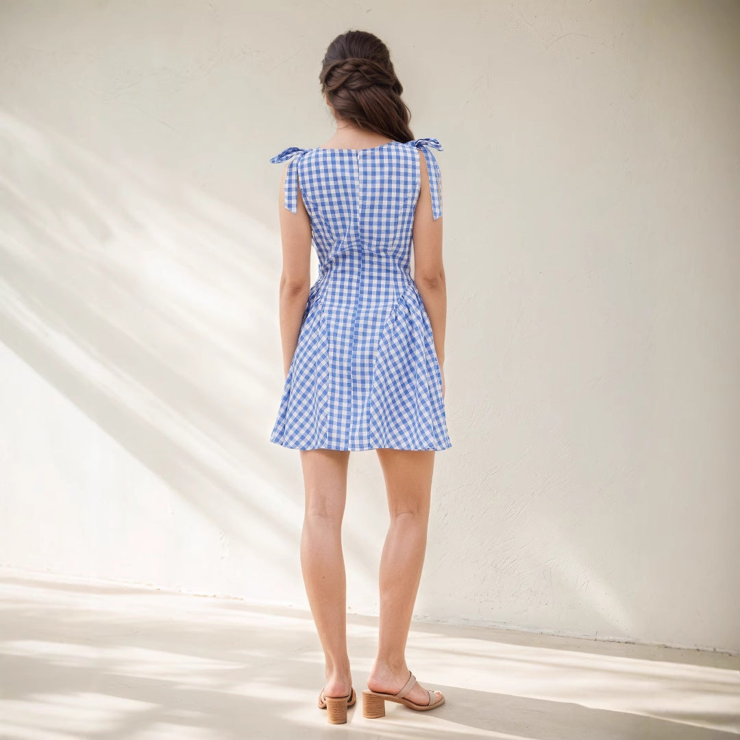Womens Fashion Plaid Striped Belted Waist Dress
