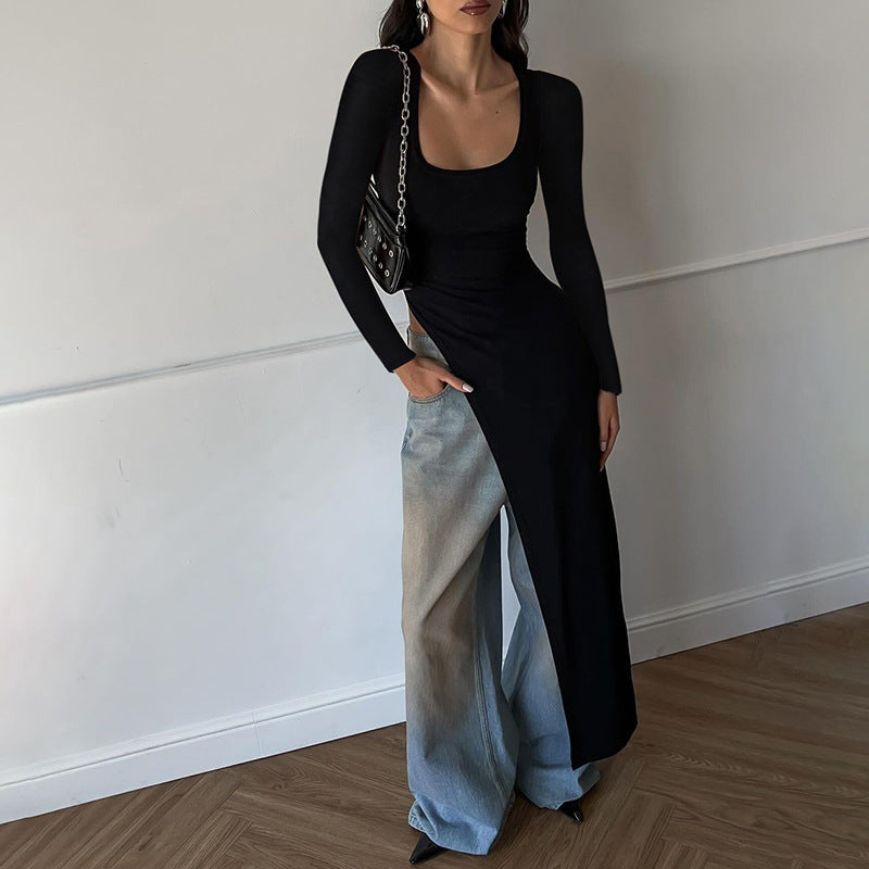 Figure-hugging Sexy Long-sleeve Dress With A Slit