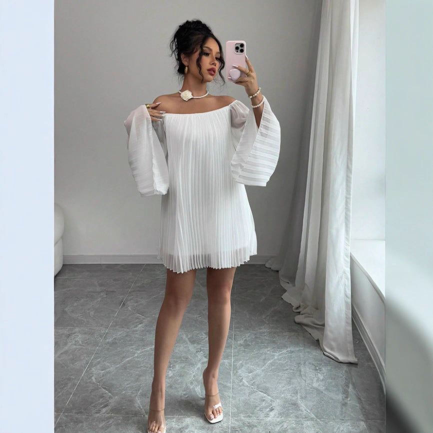 Womens Solid-Color Pleated French-Style Minimalist Off-Shoulder Dress