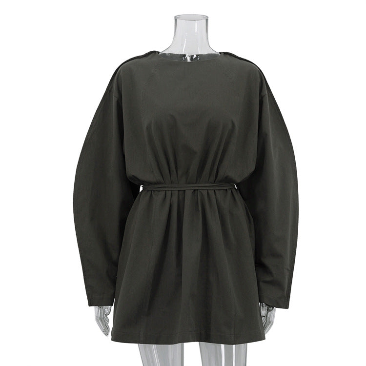 Cotton Loose-fit Tie-neckline Long-sleeve High-waist Dress