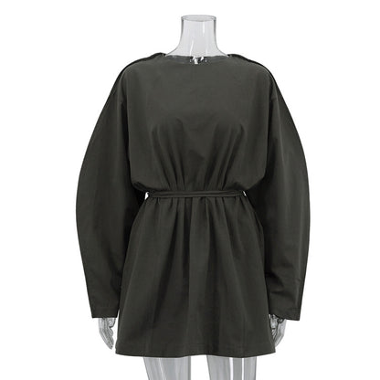 Cotton Loose-fit Tie-neckline Long-sleeve High-waist Dress