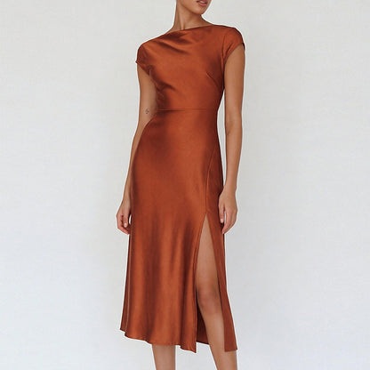 Womens Slim Elegant Split Formal Dress A Sophisticated Solid-color Workwear Dress