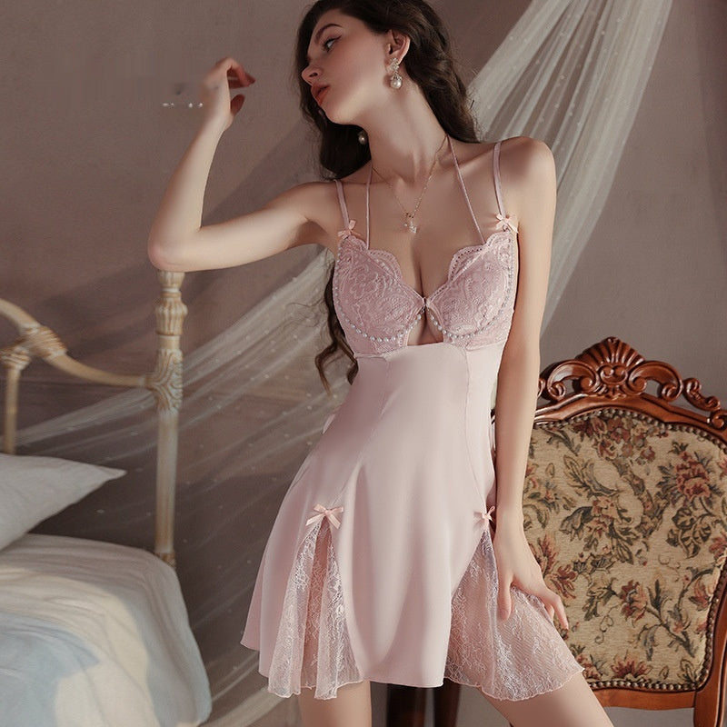 Deep V Chest Pad Underwear Satin Slip Nightdress