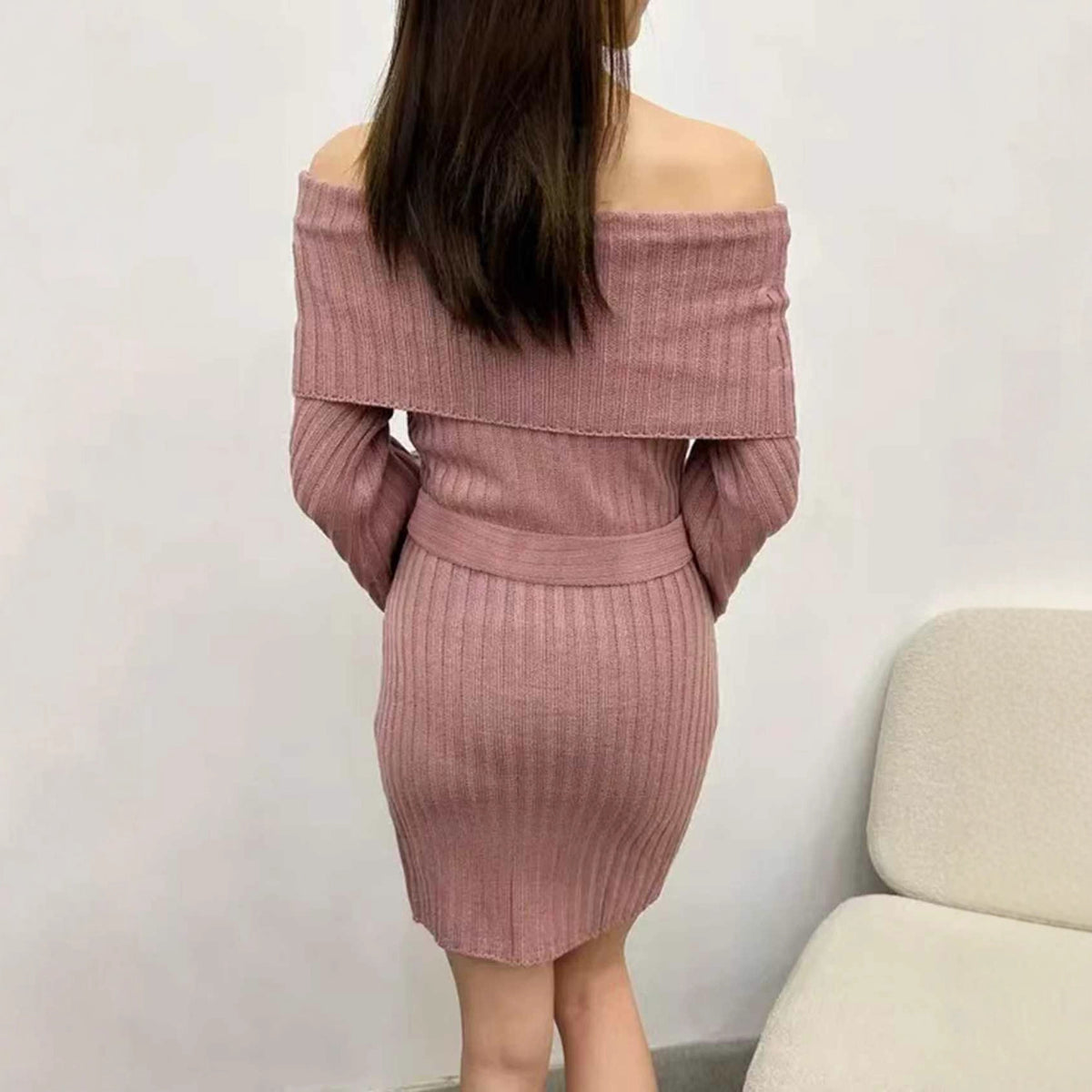 French-style Off-the-shoulder Ribbed Knit Dress