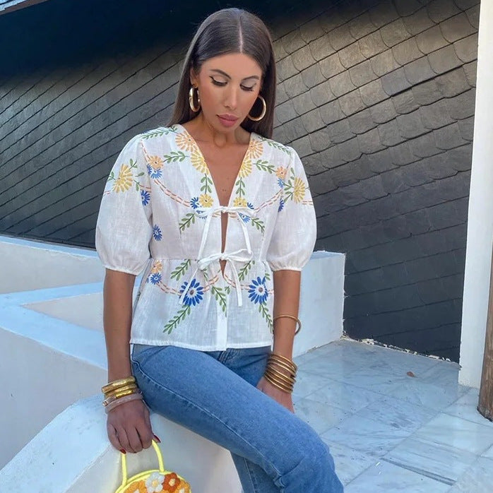 Women's Clothing V-neck Lace-up Printed Short-sleeved Top