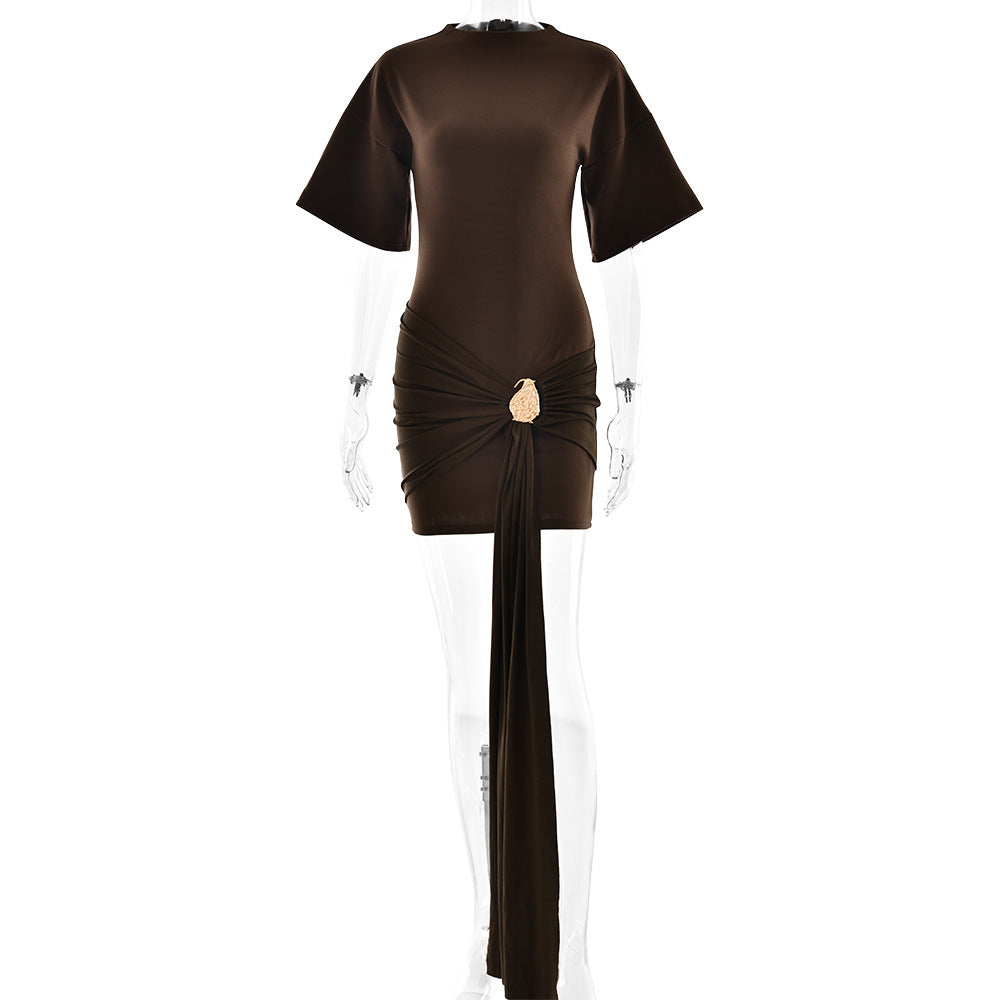 Fitted Half-sleeve Dress With A Tie Ruffles And A Cinched Waist