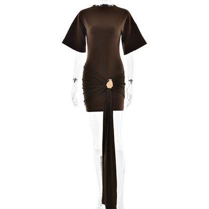 Fitted Half-sleeve Dress With A Tie Ruffles And A Cinched Waist
